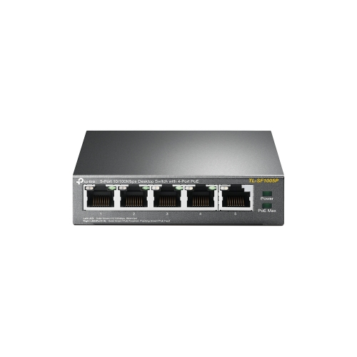 TP-Link Switch 5 Ports - TL-SF1005P 10/100Mbps Desktop Switch with 4-Port PoE, 5 10/100Mbps RJ45 ports including 4 PoE ports, 58W PoE Power supply, steel case