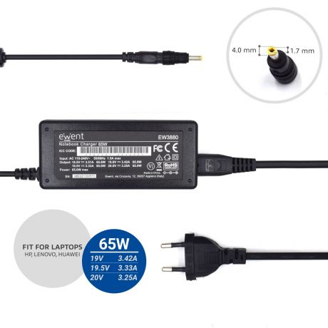 Carregador Notebook EWENT EW3898 charger Home 65W for HP, 5 tips