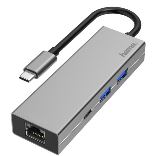 Hub HAMA USB-C Multiportas, 4 Ports, 2 x USB-A, USB-C, LAN/Ethernet,Aluminio - 200108