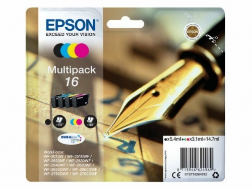 Epson 16 Multipack Easy Mail Packaging - Pack de 4 - preto, amarelo, azul cyan, magenta - original - caixa - tinteiro - para WorkForce WF-2010, 2510, 2520, 2530, 2540, 2630, 2650, 2660, 2750, 2760