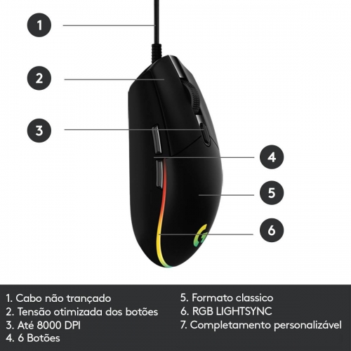 Rato Óptico Logitech G203 Lightsync RGB 8000DPI Preto