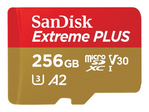 SanDisk Extreme PLUS Cartão de memória flash (adaptador microSDXC para SD Incluído) 256 GB A2 / Video Class V30 / UHS-I U3 / Class10 microSDXC UHS-I, SDSQXBD-256G-GN6MA
