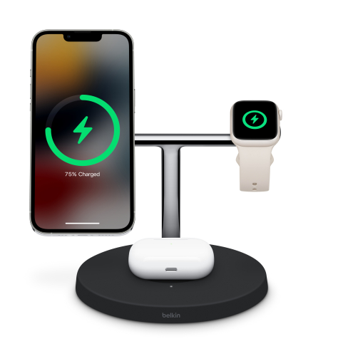 Belkin BOOST CHARGE PRO - Base de carregamento sem fios - com MagSafe + adaptador de energia AC - 15 Watt - Fast Charge - preto - para Apple AirPods, AirPods Pro, iPhone 12, 13, Watch Series 4, Series 5, Series 6, Series 7