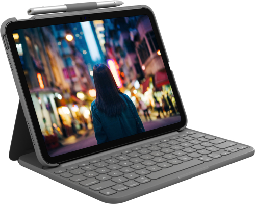 Logitech Slim Folio - Teclado e pasta de folio - sem fios - Bluetooth LE - QWERTZ - Alemão - cinzento oxford - para Apple 10.2-inch iPad Wi-Fi, 10.5-inch iPad Pro Wi-Fi, 10.9-inch iPad Wi-Fi, iPad Air Wi-Fi