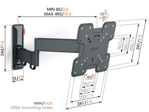 Suporte de Parede Giratório até 180º para TV Vogel's TVM 3245 de 19" a 43" até 15 Kg,  Preto, TVM3245