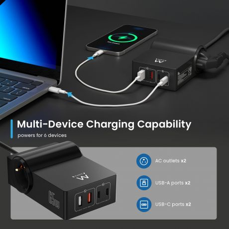 Estação de Carregamento EWENT EW3992 USB GaN de 65W com 2 tomadas adicionais