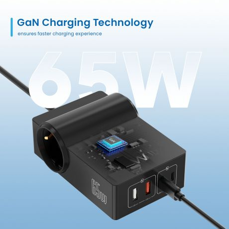 Estação de Carregamento EWENT EW3992 USB GaN de 65W com 2 tomadas adicionais
