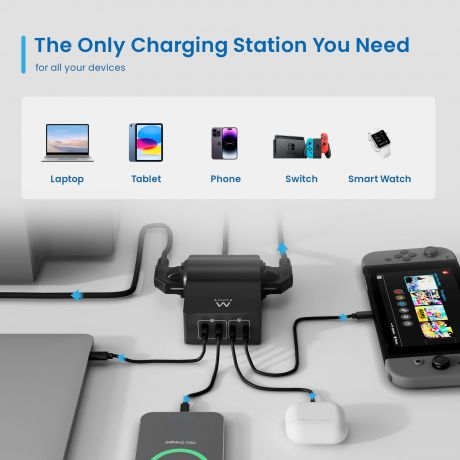 Estação de Carregamento EWENT EW3992 USB GaN de 65W com 2 tomadas adicionais