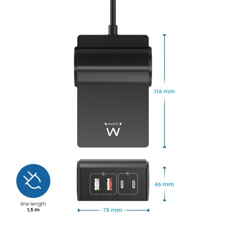 Estação de Carregamento EWENT EW3992 USB GaN de 65W com 2 tomadas adicionais