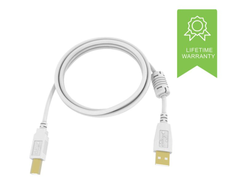 Cabo Alimentação VISION Professional USB 2.0 cable LIFETIME WARRANTY gold plated connectors ferrite core on A end bandwidth 480mbit/s over 65% coverage braided shield USB-A (M) to USB-B (M) outer diameter 4.8 mm 28+24 AWG 5 m wh