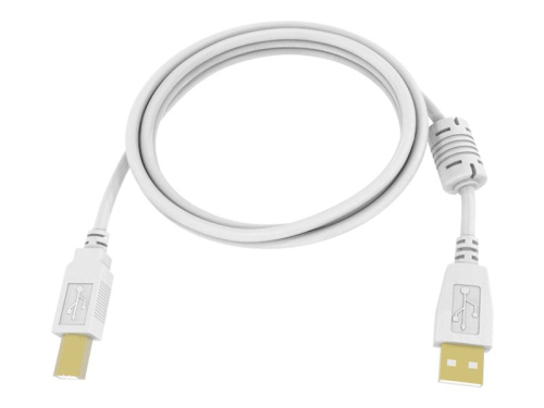 Cabo Alimentação VISION Professional USB 2.0 cable LIFETIME WARRANTY gold plated connectors ferrite core on A end bandwidth 480mbit/s over 65% coverage braided shield USB-A (M) to USB-B (M) outer diameter 4.8 mm 28+24 AWG 5 m wh