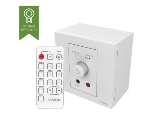 VISION Techconnect Faceplate Audio Amplifier - LIFETIME WARRANTY - 2 x 25w (RMS @ 8 Ohms) - Two inputs (input 1 duplicated on front) - Remote control - comes on at preset level or resume previous volume - UK surround and backbox included - can drive