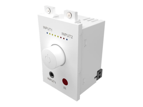 VISION Techconnect Faceplate Audio Amplifier - LIFETIME WARRANTY - 2 x 25w (RMS @ 8 Ohms) - Two inputs (input 1 duplicated on front) - Remote control - comes on at preset level or resume previous volume - UK surround and backbox included - can drive
