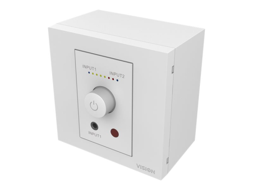VISION Techconnect Faceplate Audio Amplifier - LIFETIME WARRANTY - 2 x 25w (RMS @ 8 Ohms) - Two inputs (input 1 duplicated on front) - Remote control - comes on at preset level or resume previous volume - UK surround and backbox included - can drive