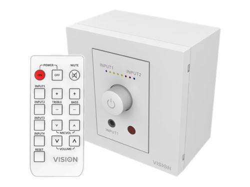 VISION Techconnect Faceplate Audio Amplifier - LIFETIME WARRANTY - 2 x 25w (RMS @ 8 Ohms) - Two inputs (input 1 duplicated on front) - Remote control - comes on at preset level or resume previous volume - UK surround and backbox included - can drive