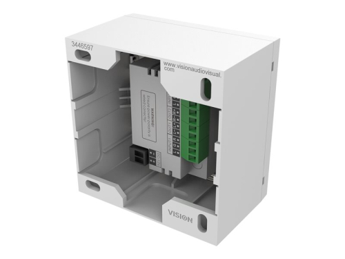 VISION Techconnect Faceplate Audio Amplifier - LIFETIME WARRANTY - 2 x 25w (RMS @ 8 Ohms) - Two inputs (input 1 duplicated on front) - Remote control - comes on at preset level or resume previous volume - UK surround and backbox included - can drive