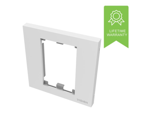 VISION Techconnect Modular AV Faceplate - LIFETIME WARRANTY - Single-Gang UK surround - frame which accommodates two modules - fits to TC3 BACKBOX1G or TC3 MUDRING1G, or any standard single-gang UK backbox (pattress) - 86 x 86 mm / 3.4 x 3.4" - plast