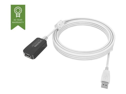 VISION installation-grade USB 2.0 active extension cable - LIFETIME WARRANTY - gold connectors - ferrite cores - 480mbit/s - over 65% coverage braided shield - USB-A (F) to USB-A (M) - outer diameter 4.5 mm - 28+24 AWG - 5 m - white