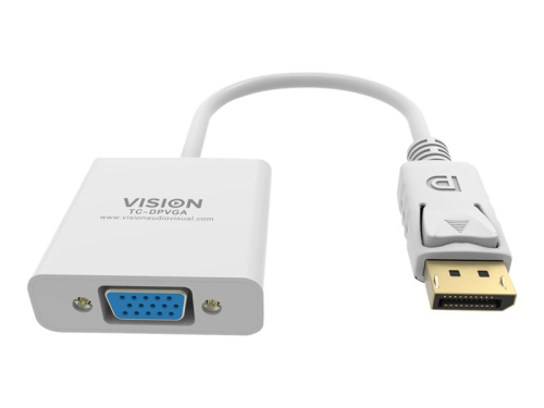 VISION Professional installation-grade DisplayPort to VGA adaptor - LIFETIME WARRANTY - maximum resolution 1920 x 1080 - does not convert VGA to DP - hotplug - DP (M) to VGA (F) - overall length 150 mm - outer diameter 5.5 mm - 32 AWG - white