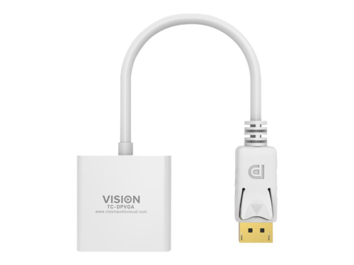 VISION Professional installation-grade DisplayPort to VGA adaptor - LIFETIME WARRANTY - maximum resolution 1920 x 1080 - does not convert VGA to DP - hotplug - DP (M) to VGA (F) - overall length 150 mm - outer diameter 5.5 mm - 32 AWG - white