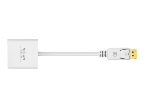 VISION Professional installation-grade DisplayPort to VGA adaptor - LIFETIME WARRANTY - maximum resolution 1920 x 1080 - does not convert VGA to DP - hotplug - DP (M) to VGA (F) - overall length 150 mm - outer diameter 5.5 mm - 32 AWG - white