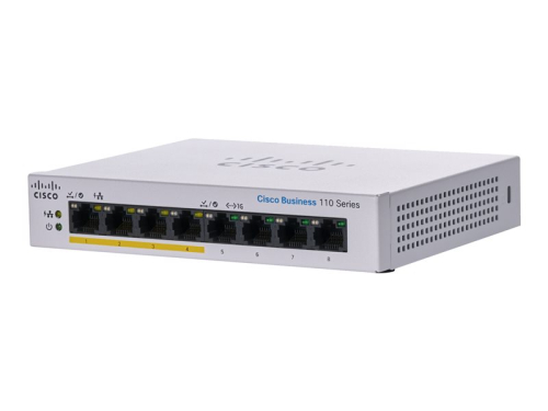 Switch 8 Portas Cisco Business 110 Series 110-8PP-D, Interruptor, sem gestão, 4 x 10/100/1000 (PoE) + 4 x 10/100/1000, desktop, montável em trilho, montável na parede, PoE (32 W) , alimentação DC, CBS110-8PP-D-EU