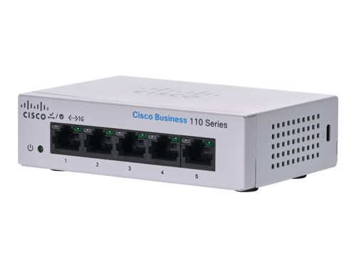 Switch 5 Portas Cisco Business 110 Series 110-5T-D, Interruptor, 5 x 10/100/1000, desktop, montável em trilho, montável na parede, alimentação DC, CBS110-5T-D-EU
