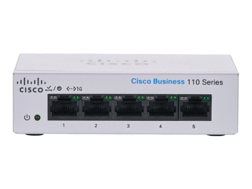 Switch 5 Portas Cisco Business 110 Series 110-5T-D, Interruptor, 5 x 10/100/1000, desktop, montável em trilho, montável na parede, alimentação DC, CBS110-5T-D-EU