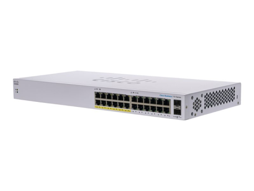 Switch 24 Portas Cisco Business 110 Series 110-24PP, Interruptor, sem gestão, 12 x 10/100/1000 (PoE) + 12 x 10/100/1000 + 2 x combo Gigabit SFP, desktop, montável em trilho, montável na parede, PoE (100 W), CBS110-24PP-EU