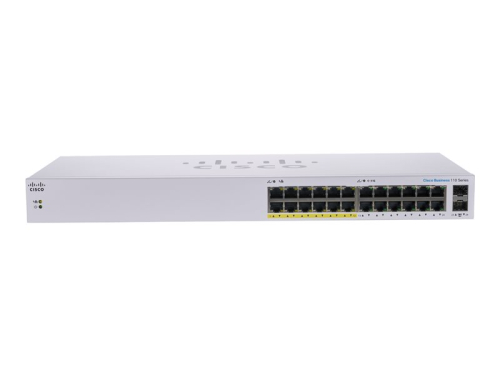 Switch 24 Portas Cisco Business 110 Series 110-24PP, Interruptor, sem gestão, 12 x 10/100/1000 (PoE) + 12 x 10/100/1000 + 2 x combo Gigabit SFP, desktop, montável em trilho, montável na parede, PoE (100 W), CBS110-24PP-EU