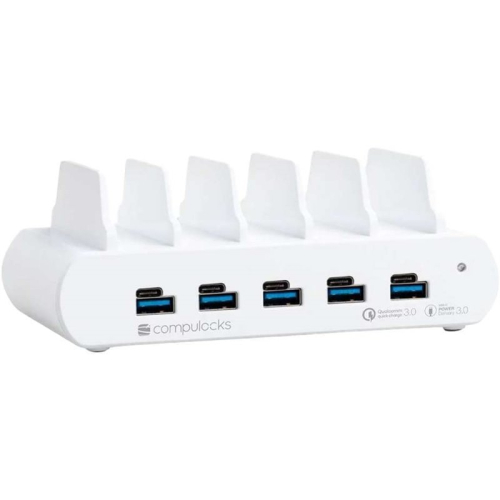 Estação de carregamento USB Compulocks GaN de 5 portas 150 W - branca 10 conectores de saída (5 x USB Tipo A de 4 pinos, 5 x USB-C) 8151649