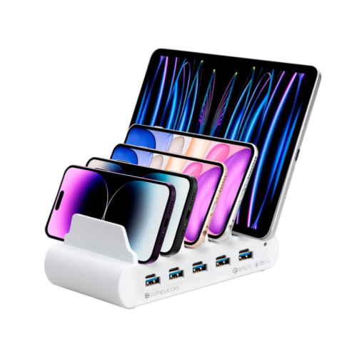 Estação de carregamento USB Compulocks GaN de 5 portas 150 W - branca 10 conectores de saída (5 x USB Tipo A de 4 pinos, 5 x USB-C) 8151649