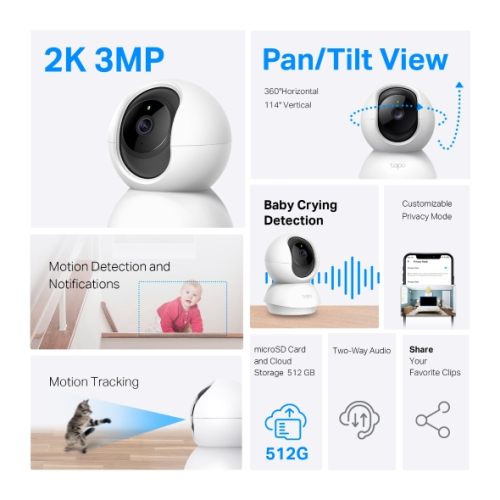 Câmera TP- LINK Wi-Fi de segurança doméstica com panorâmica/inclinação TC71