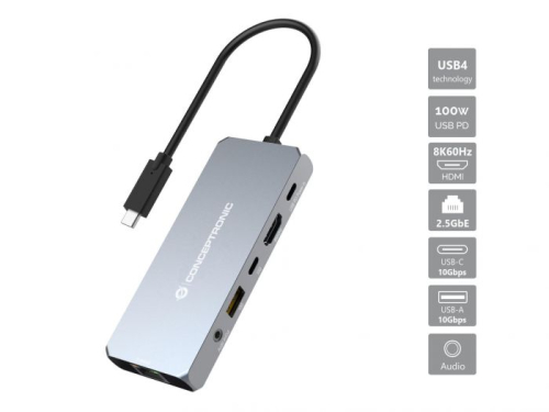 Docking Station CONCEPTRONIC USB4 6 em 1 DONN22G, 40 Gbps, 8K 60 Hz HDMI, 2,5 GbE, USB-A 10 Gbps, USB-C 10 Gbps, 100 W USB PD, áudio 110519807101