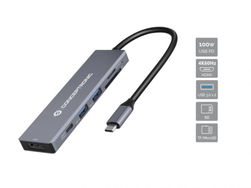 Docking Station CONCEPTRONIC 6 em 1 USB 3.2 Gen 1 Docking Station, USB 3.0 x 2, 100 W USB PD, 4K 60 Hz HDMI, SD, TF MicroSD 110520207101