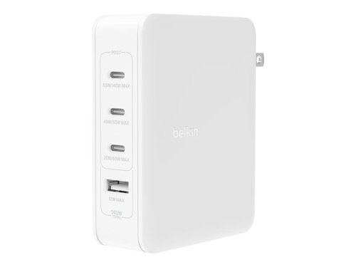 Adaptador de alimentação tecnologia Belkin BoostCharge Pro GaN 140 Watt Carregamento Rapido, Fornecimento de Energia 3 x USB-C branco