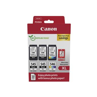 TINTEIROS CANON PG-545XLx2/CL-546XL PVP 4x6 Photo Paper GP-501 50sheets + XL Preto x2 & XL Ciano, Magenta, Amarelo