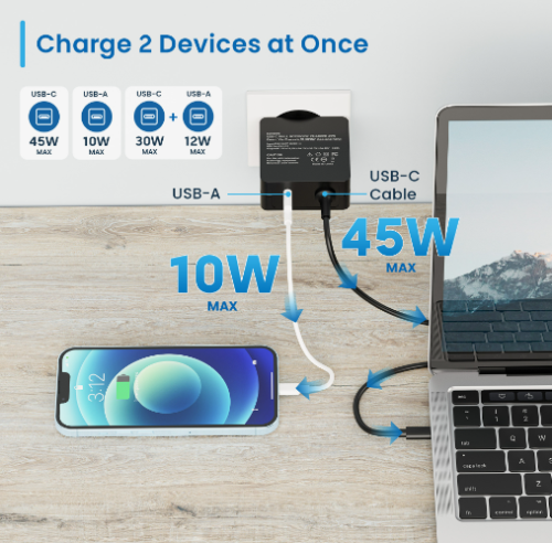 Carregador de portátil USB Type C e 1-Port USB-A com PD 45W