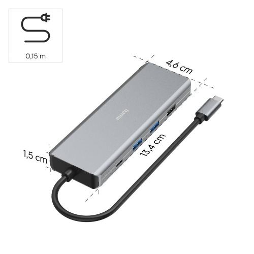 Hub HAMA "CONNECT2Media" USB-C Multiport, 9 Ports, 2 x HDMI, USB-A, USB-C, LAN 00200142 Cor Cinza