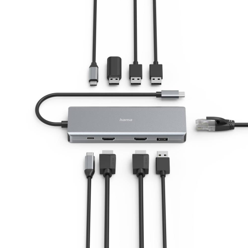 Hub HAMA "CONNECT2Media" USB-C Multiport, 9 Ports, 2 x HDMI, USB-A, USB-C, LAN 00200142 Cor Cinza