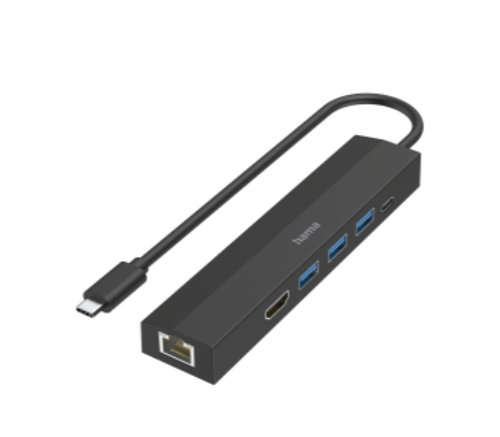 Hub HAMA USB-C Multiport, 6 Ports, 3 x USB-A, USB-C, HDMI, LAN/Ethernet 00200144 Cor Preto
