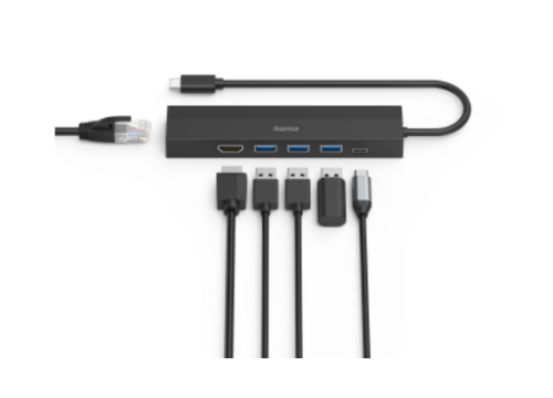 Hub HAMA USB-C Multiport, 6 Ports, 3 x USB-A, USB-C, HDMI, LAN/Ethernet 00200144 Cor Preto