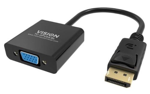 Adaptador DisplayPort VISION para VGA de nível de instalação Professional, resolução máxima 1920 x 1080, não converte VGA em DP, hotplug, DP (M) em VGA (F), comprimento total 150 mm, diâmetro exterior 5,5 mm, 32 AWG, 4979137, Cor: preto