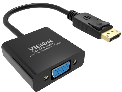 Adaptador DisplayPort VISION para VGA de nível de instalação Professional, resolução máxima 1920 x 1080, não converte VGA em DP, hotplug, DP (M) em VGA (F), comprimento total 150 mm, diâmetro exterior 5,5 mm, 32 AWG, 4979137, Cor: preto