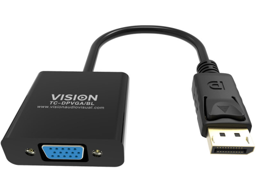Adaptador DisplayPort VISION para VGA de nível de instalação Professional, resolução máxima 1920 x 1080, não converte VGA em DP, hotplug, DP (M) em VGA (F), comprimento total 150 mm, diâmetro exterior 5,5 mm, 32 AWG, 4979137, Cor: preto