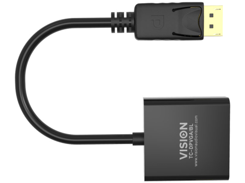 Adaptador DisplayPort VISION para VGA de nível de instalação Professional, resolução máxima 1920 x 1080, não converte VGA em DP, hotplug, DP (M) em VGA (F), comprimento total 150 mm, diâmetro exterior 5,5 mm, 32 AWG, 4979137, Cor: preto