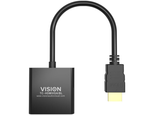 Adaptador HDMI para VGA, VISION, de nível de instalação profissional, resolução máxima 1920 x 1080, não converte VGA para HDMI, HDMI (M) para VGA (F), diâmetro exterior 5,0 mm, comprimento total 230 mm, 4979146, Cor: preto