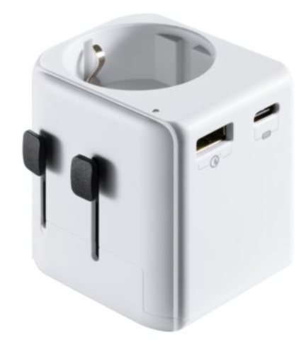 Ewent Adaptador de viagem universal com fichas EUA/UK/AUS/CHINA e tomada Schuko. Com 1 porta USB e 1 Type-C