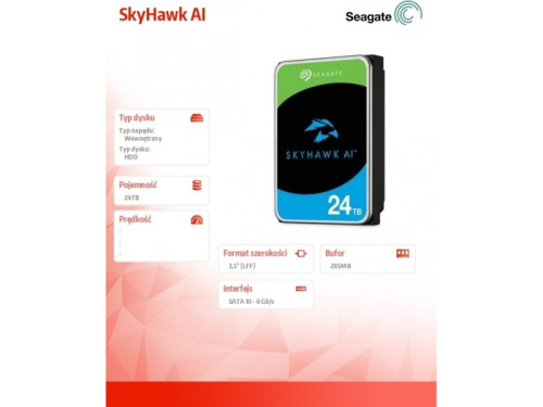 Seagate SkyHawk AI ST24000VE002 - Disco rígido - 24 TB - interna - 3.5" - SATA 6Gb/s - buffer: 512 MB - com 3 anos de Recuperação de dados Seagate Rescue