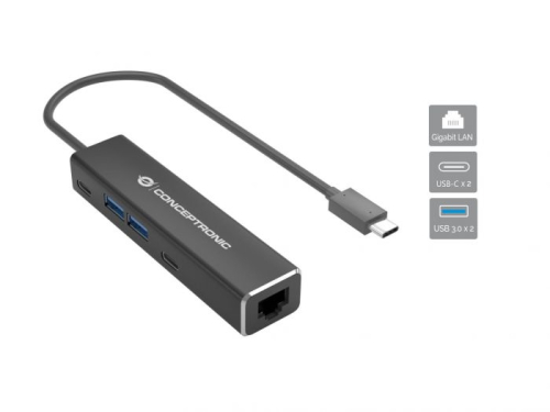 Adaptador de rede ABBY13B USB-C Conceptronic para Gigabit com hub USB de 4 portas, USB 3.2 Gen 1, USB-A x 2, USB-C x 2